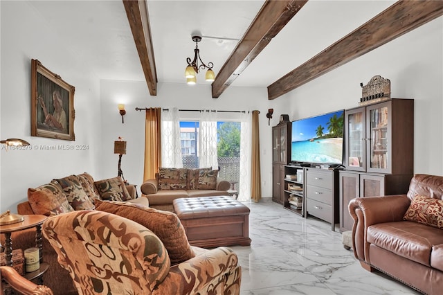 living room featuring beamed ceiling and a chandelier