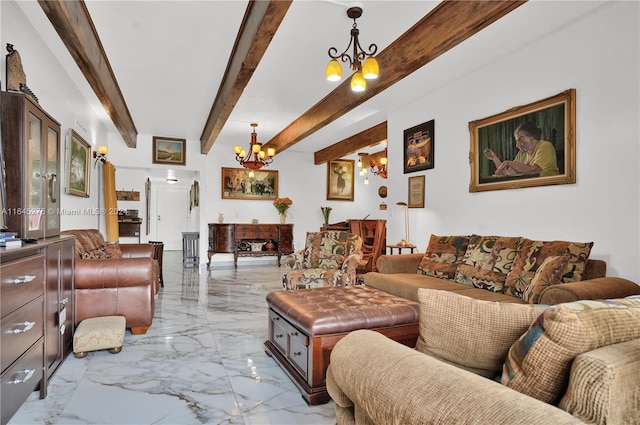 living room with a notable chandelier and beam ceiling