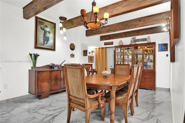 dining space with an inviting chandelier and beamed ceiling