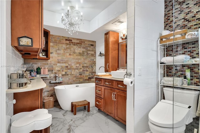 bathroom with tile walls, a tub to relax in, toilet, and vanity