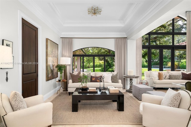 living room with a wealth of natural light and a raised ceiling