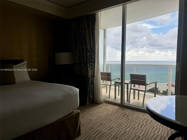 bedroom with carpet, a beach view, and a water view