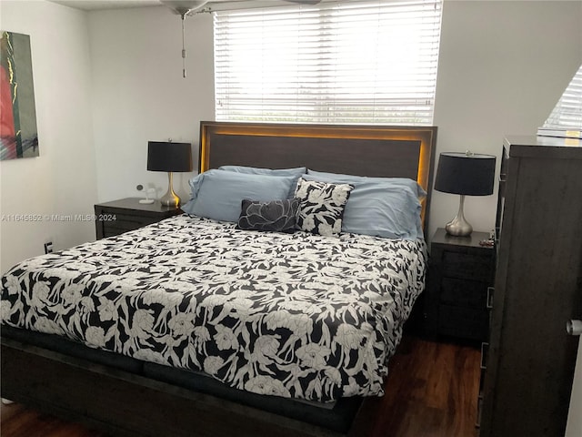 bedroom with multiple windows and dark hardwood / wood-style floors