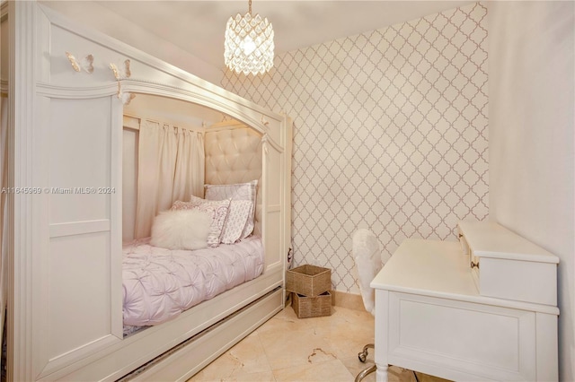 bedroom featuring a notable chandelier and light tile patterned floors