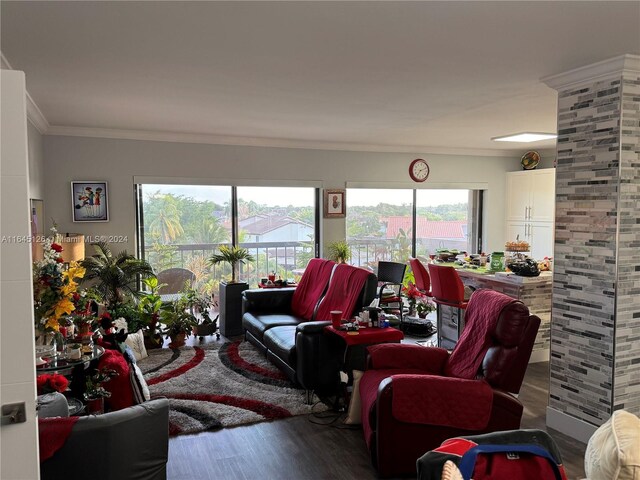 living room with crown molding and wood-type flooring