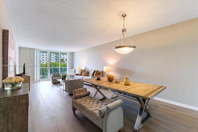 living room with dark hardwood / wood-style flooring and a textured ceiling