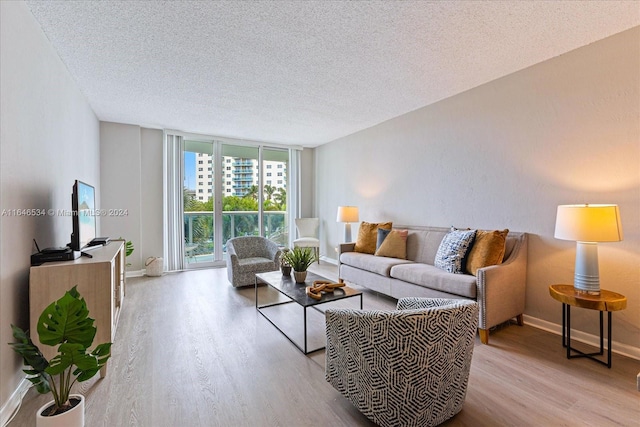 living room featuring a textured ceiling and light hardwood / wood-style flooring