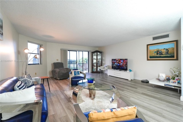 living room featuring a textured ceiling and hardwood / wood-style floors