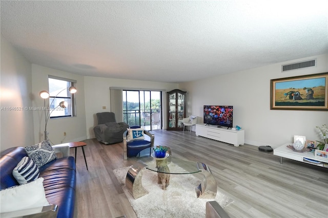 living room featuring a textured ceiling and hardwood / wood-style flooring