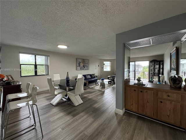 dining area featuring a wealth of natural light, a textured ceiling, and hardwood / wood-style flooring