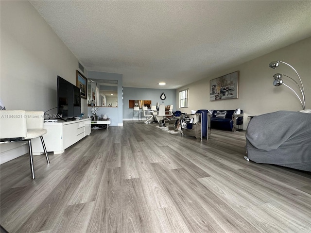 living room featuring a textured ceiling and hardwood / wood-style flooring