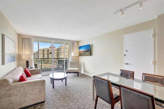 interior space featuring a wall of windows, a view of city, baseboards, and track lighting