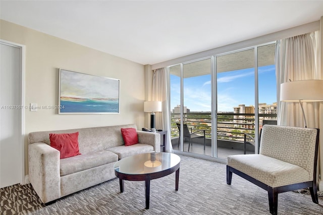 living room featuring carpet, floor to ceiling windows, and a city view