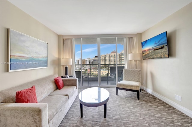 living area featuring carpet floors and baseboards