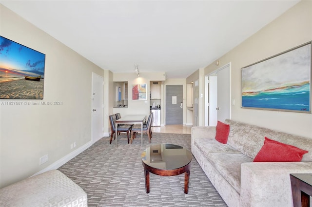 living area with baseboards and carpet flooring