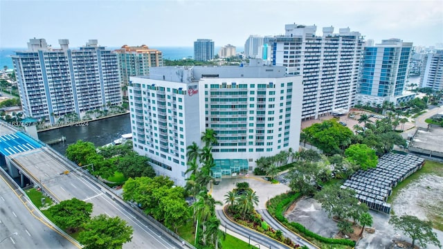 bird's eye view featuring a city view and a water view