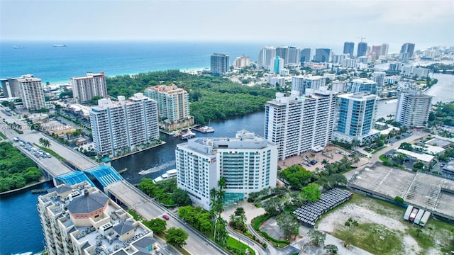 aerial view featuring a water view and a city view