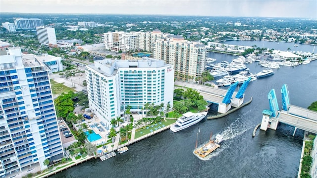 aerial view with a water view and a city view