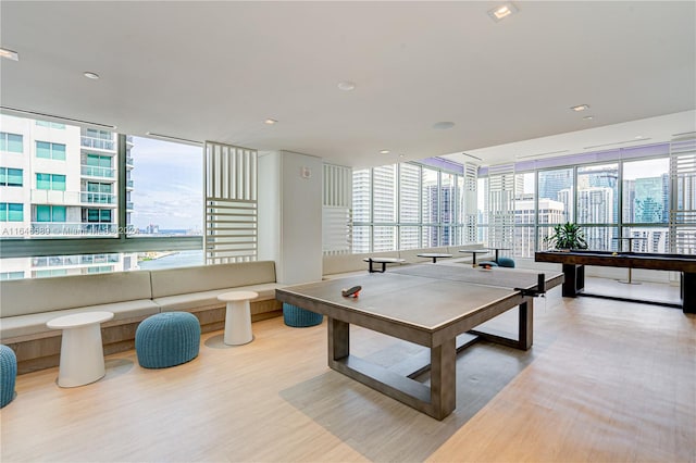 rec room featuring floor to ceiling windows and light wood-type flooring