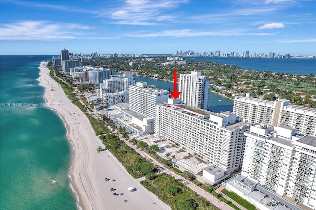 bird's eye view with a water view and a view of the beach