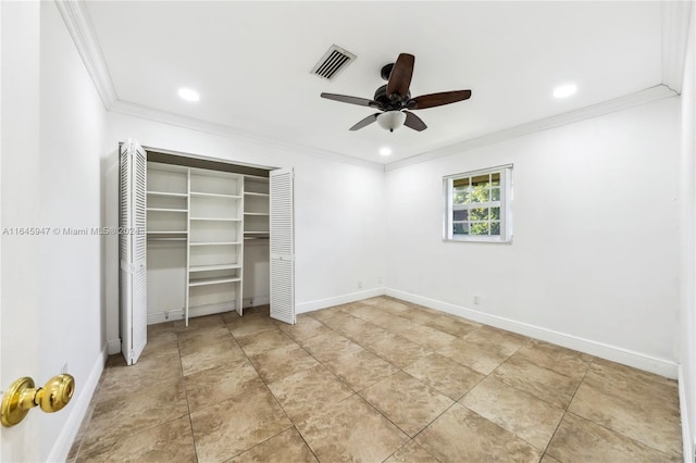 unfurnished bedroom featuring ceiling fan, a closet, ornamental molding, and light tile patterned floors