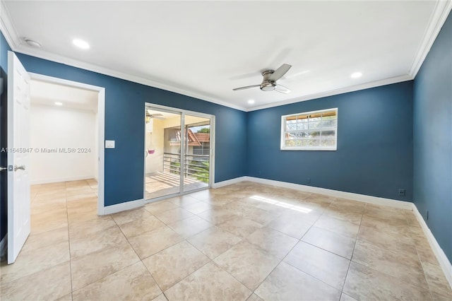 tiled empty room with ceiling fan, crown molding, and plenty of natural light