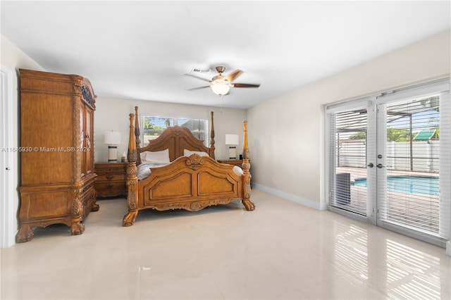 bedroom with access to outside, ceiling fan, french doors, and light tile patterned floors