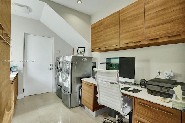 tiled home office with washer and dryer