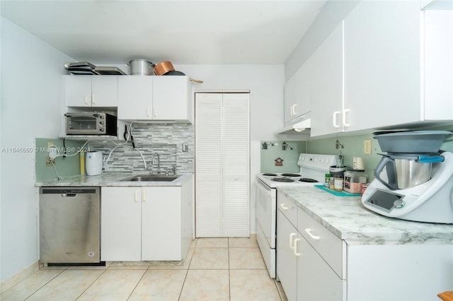 kitchen featuring white cabinetry, stainless steel dishwasher, sink, white electric stove, and light tile patterned flooring