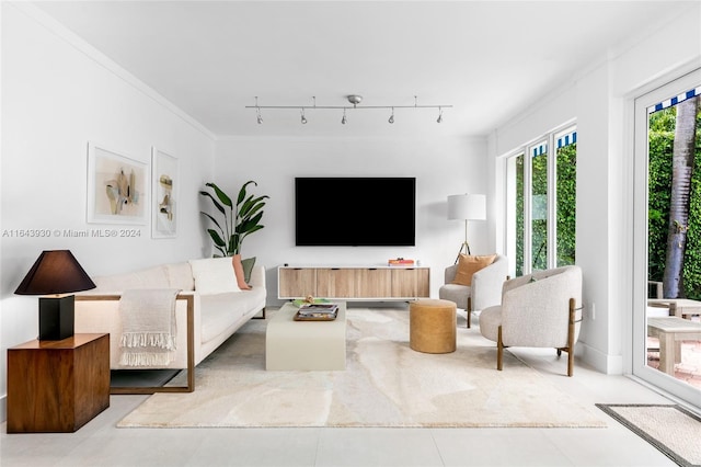 living room featuring track lighting, crown molding, and light tile patterned flooring