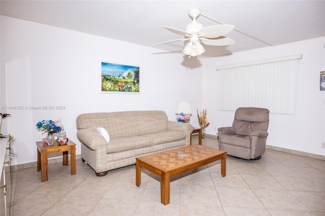 living room with light tile patterned floors and ceiling fan