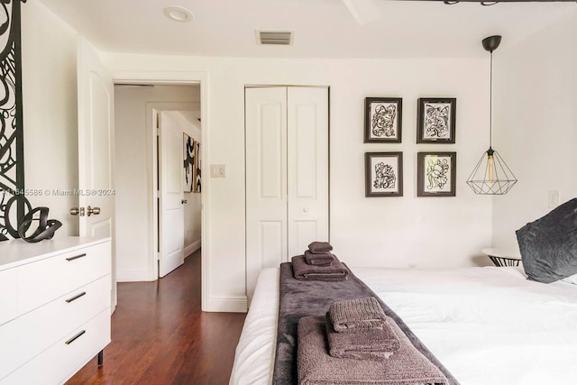 bedroom with a closet and dark wood-type flooring