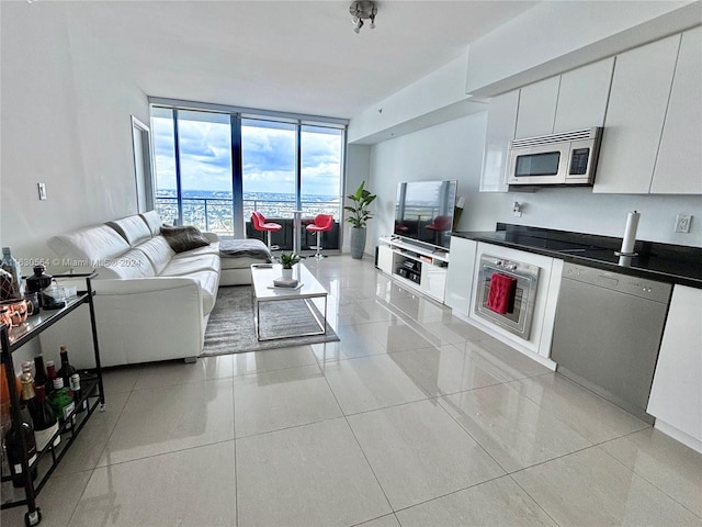 living room with expansive windows and light tile patterned floors