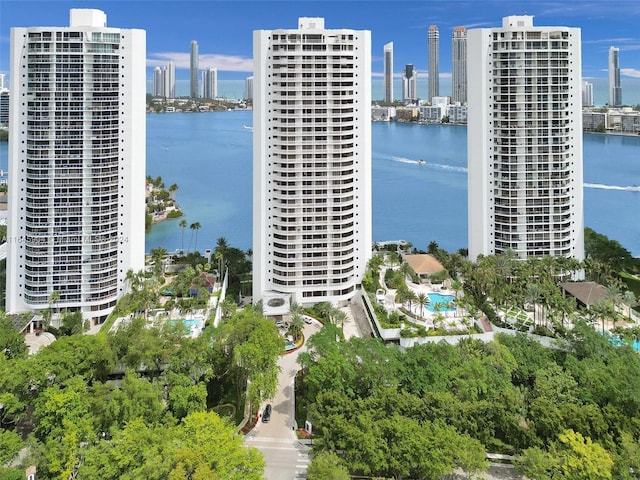 view of building exterior with a water view