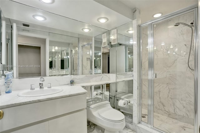 bathroom featuring tile patterned flooring, an enclosed shower, toilet, and vanity