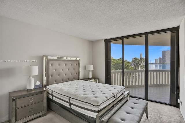 carpeted bedroom featuring a textured ceiling and access to exterior