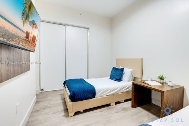 bedroom featuring wood-type flooring and a closet