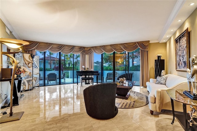 living room with crown molding