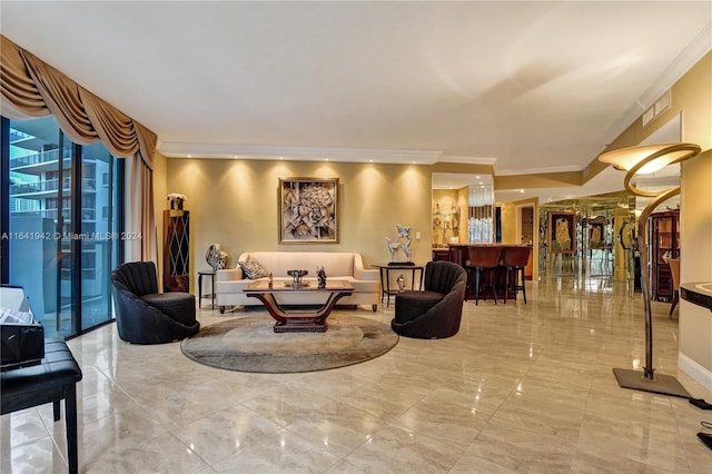 living room with crown molding