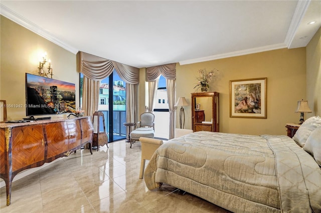 bedroom with access to outside and crown molding