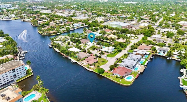 aerial view featuring a water view