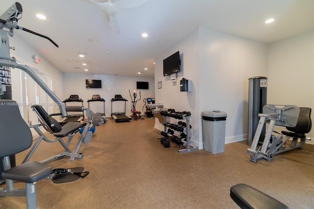 workout area with baseboards and recessed lighting