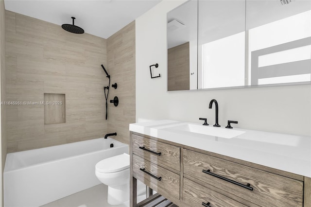 full bathroom featuring a combined bath / shower with rainfall shower, toilet, and vanity