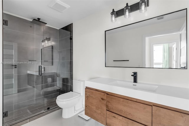 full bath featuring a shower stall, vanity, visible vents, and toilet