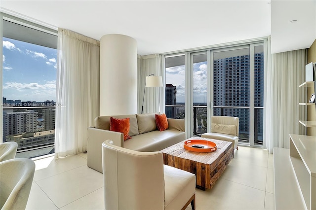 interior space with expansive windows, a healthy amount of sunlight, and light tile patterned floors