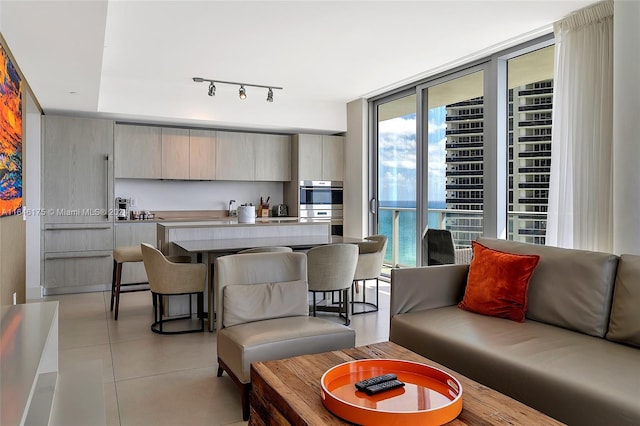 living room with light tile patterned floors, a wealth of natural light, track lighting, and a water view