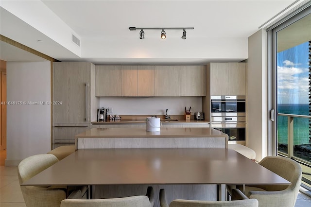 kitchen with a wealth of natural light, track lighting, double oven, and a kitchen island