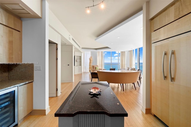 kitchen featuring dark stone countertops, track lighting, and light wood-type flooring