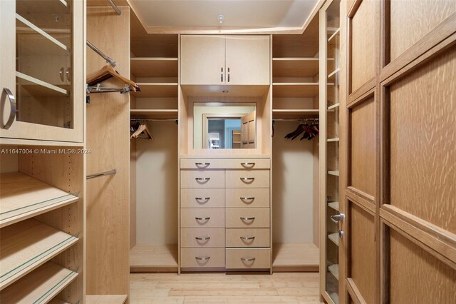 spacious closet with light hardwood / wood-style flooring