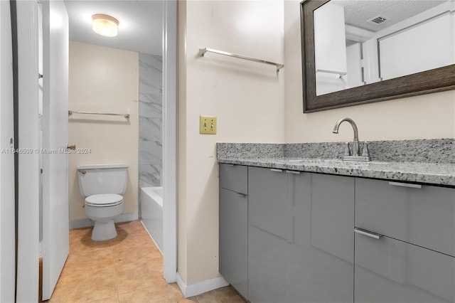 full bathroom with shower / bathtub combination, a textured ceiling, tile patterned flooring, vanity, and toilet